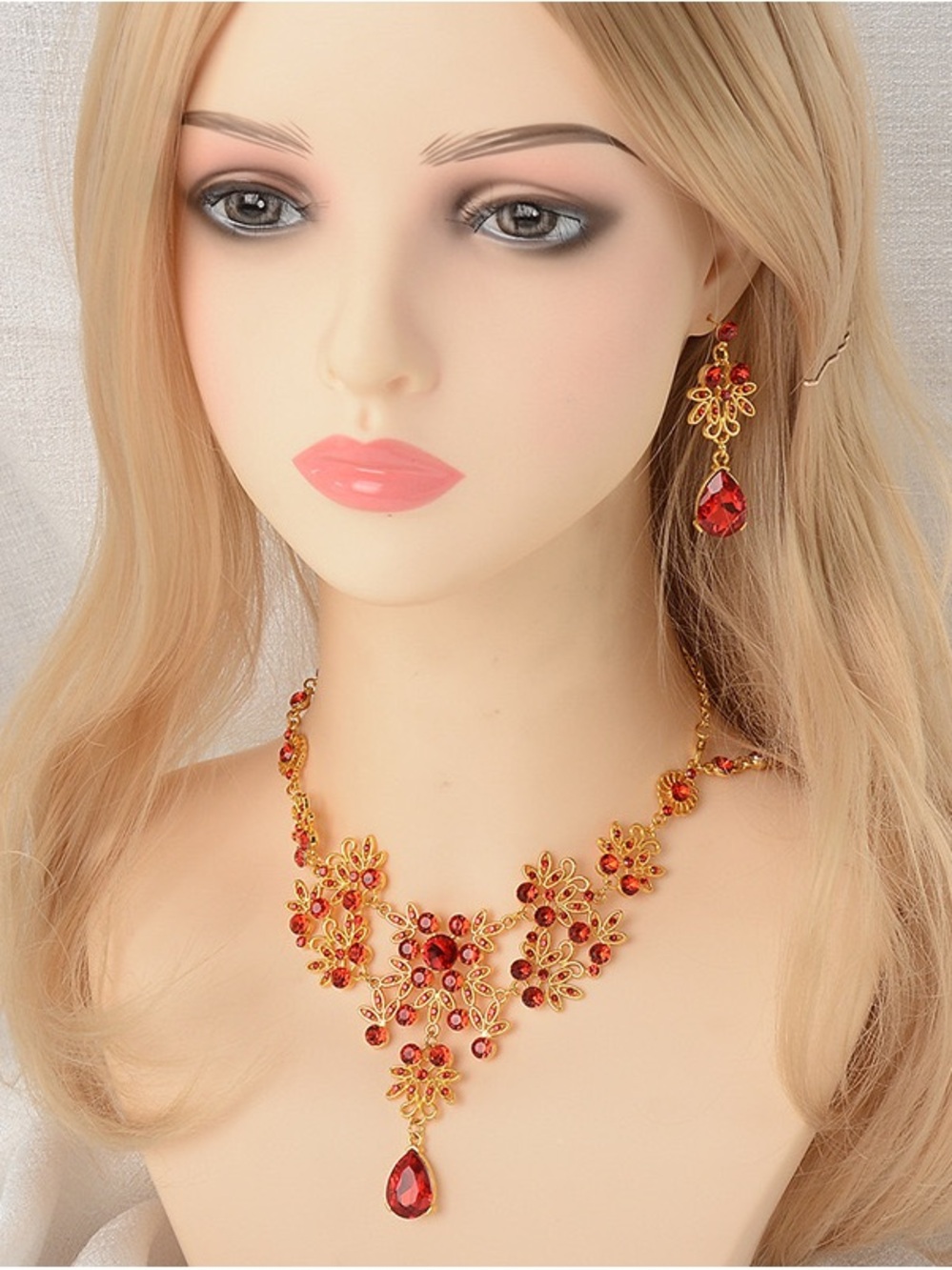 Gold-Tone Red Floral Statement Necklace and Earring Set